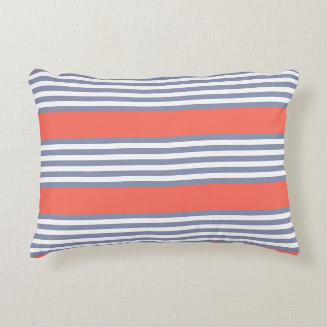 Blue-grey five stripe pattern with living coral decorative cushion (Front)