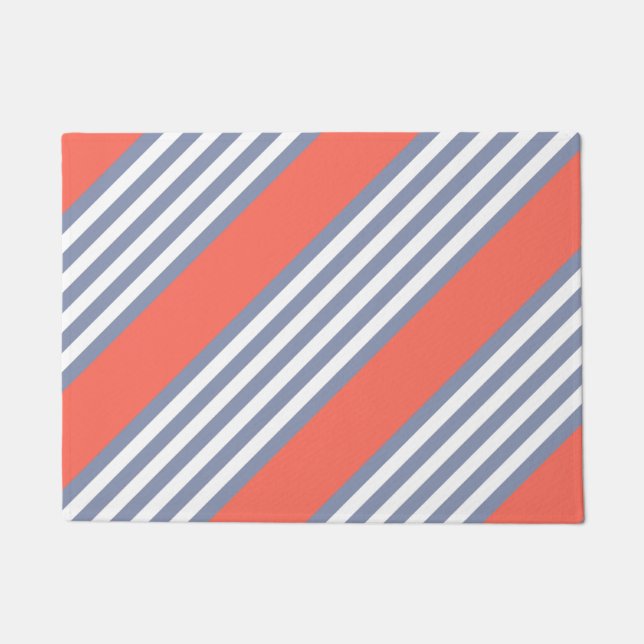 Blue-grey five stripe pattern with living coral doormat (Front)