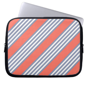 Blue-grey five stripe pattern with living coral laptop sleeve