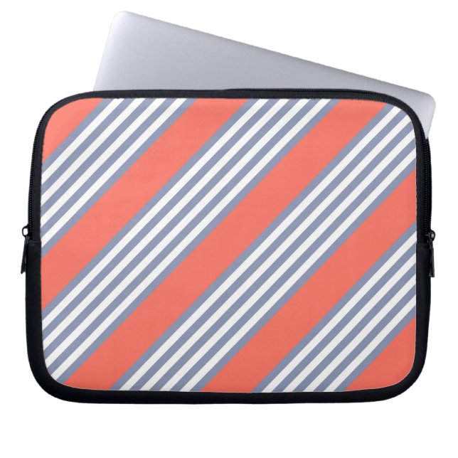 Blue-grey five stripe pattern with living coral laptop sleeve (Front)