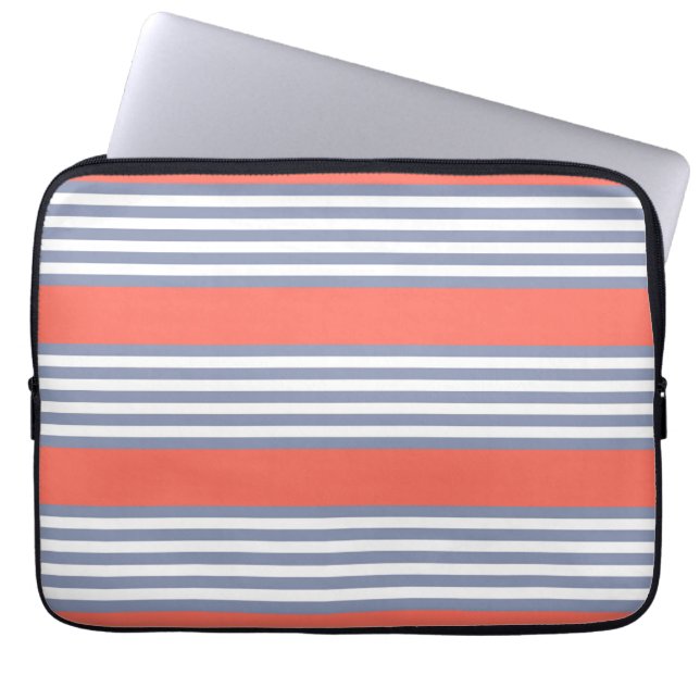 Blue-grey five stripe pattern with living coral laptop sleeve (Front)