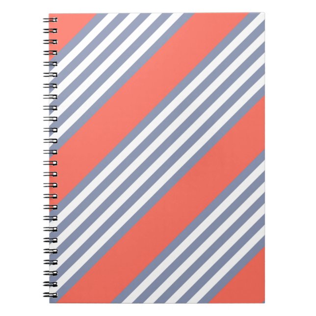Blue-grey five stripe pattern with living coral notebook (Front)