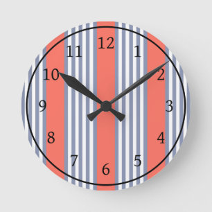 Blue-grey five stripe pattern with living coral round clock