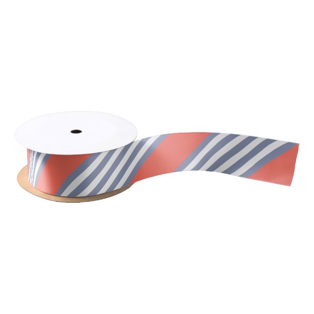 Blue-grey five stripe pattern with living coral satin ribbon (Spool)