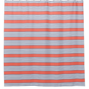 Blue-grey five stripe pattern with living coral shower curtain