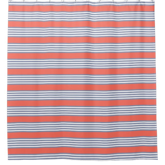 Blue-grey five stripe pattern with living coral shower curtain (Front)