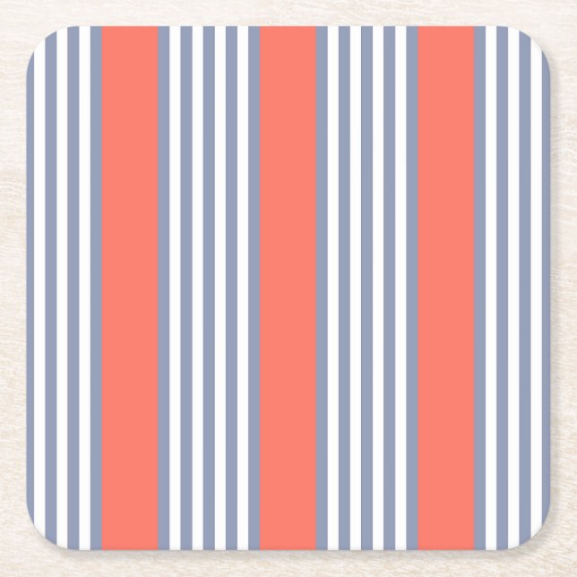 Blue-grey five stripe pattern with living coral square paper coaster (Front)