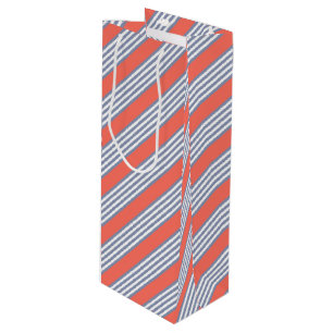 Blue-grey five stripe pattern with living coral wine gift bag