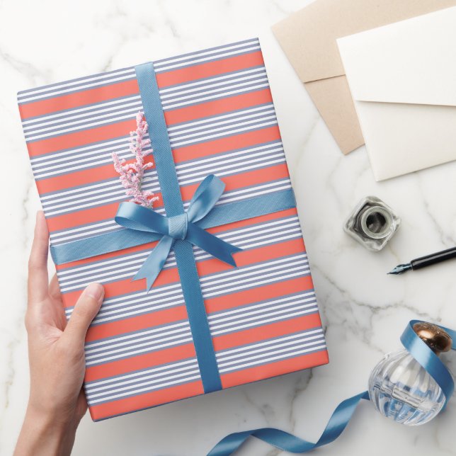Blue-grey five stripe pattern with living coral wrapping paper (Gifting)