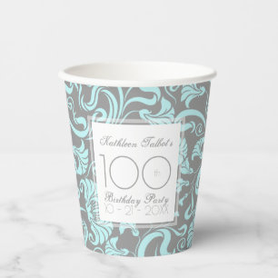 Blue Grey Floral 100th Birthday Party Paper Cup