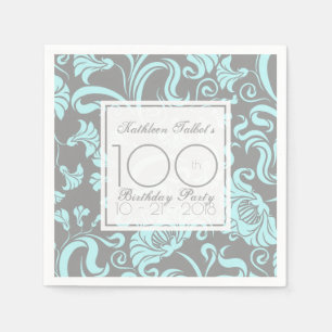 Blue Grey Floral 100th Birthday Party Paper Napkin