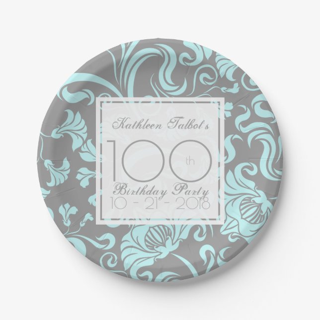 Blue Grey Floral 100th Birthday Party Paper Plate (Front)