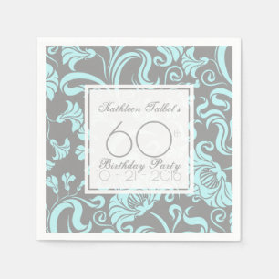 Blue Grey Floral 60th Birthday Party Paper Napkin