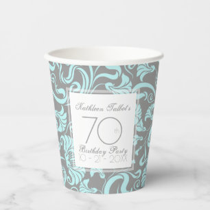 Blue Grey Floral 70th Birthday Party Paper Cup