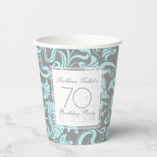 Blue Grey Floral 70th Birthday Party Paper Cup (Front)
