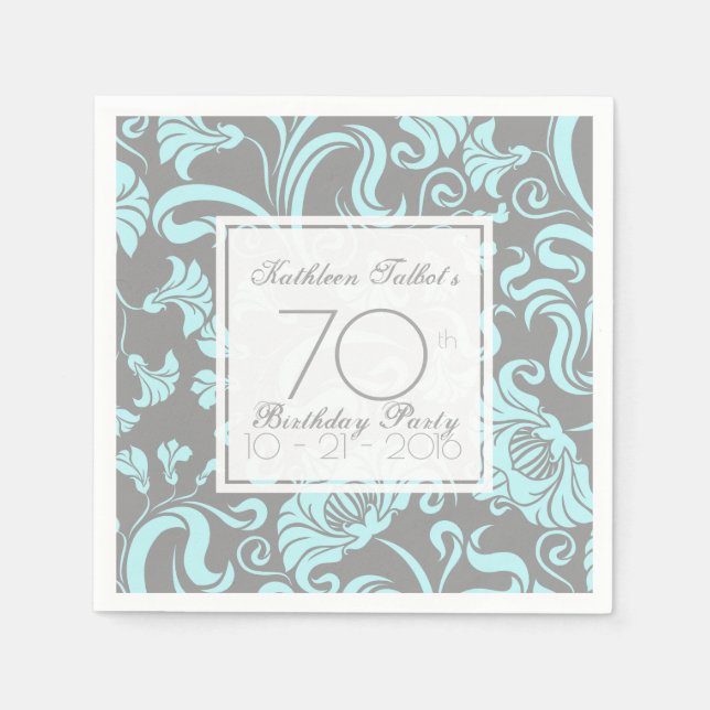 Blue Grey Floral 70th Birthday Party Paper Napkin (Front)