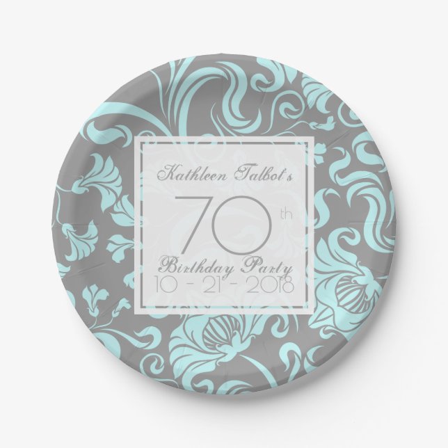 Blue Grey Floral 70th Birthday Party Paper Plate (Front)