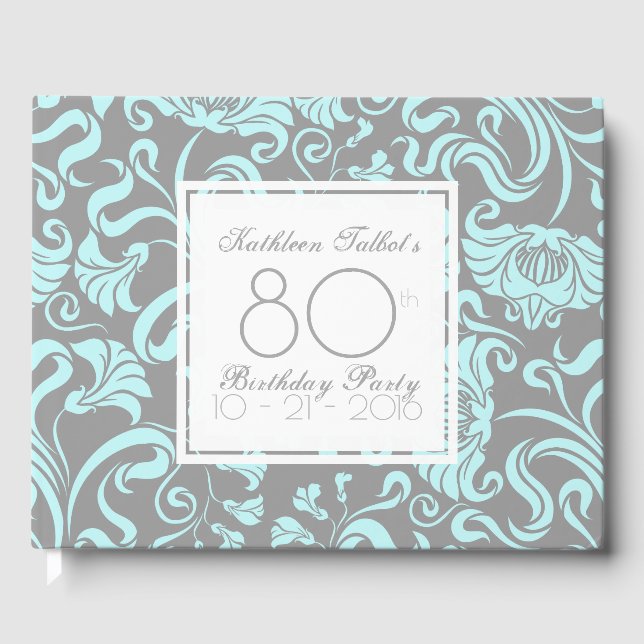 Blue Grey Floral 80th Birthday Party Guest Book (Front)