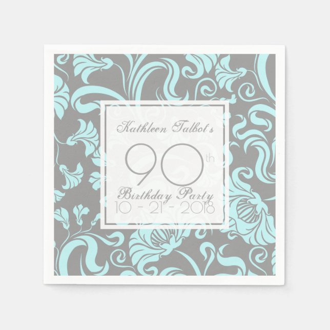 Blue Grey Floral 90th Birthday Party Paper Napkin (Front)