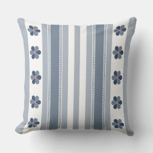 Blue Grey Floral and Stripes Cushion