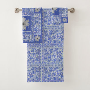 Blue Grey Floral Botanical Daisy Bath Towel Set