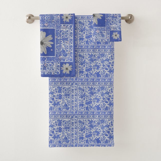 Blue Grey Floral Botanical Daisy Bath Towel Set (Insitu)