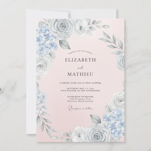 Blue Grey Floral Brushstroke Wedding Invitation (Front)