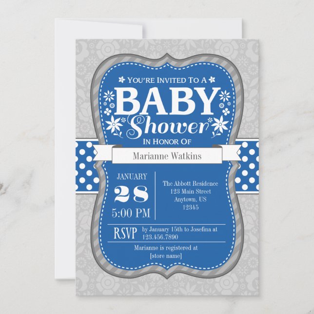 Blue Grey Floral Flower Baby Shower Invitation (Front)