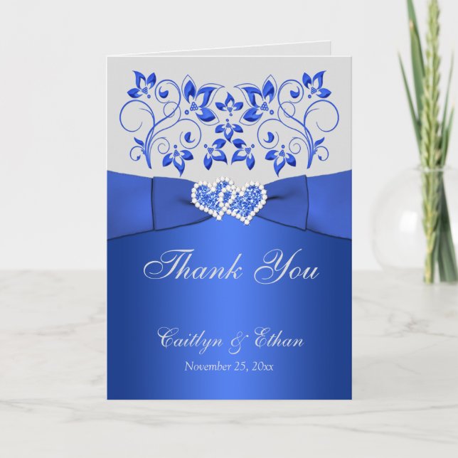 Blue, Grey Floral, Hearts Wedding Thank You Card (Front)