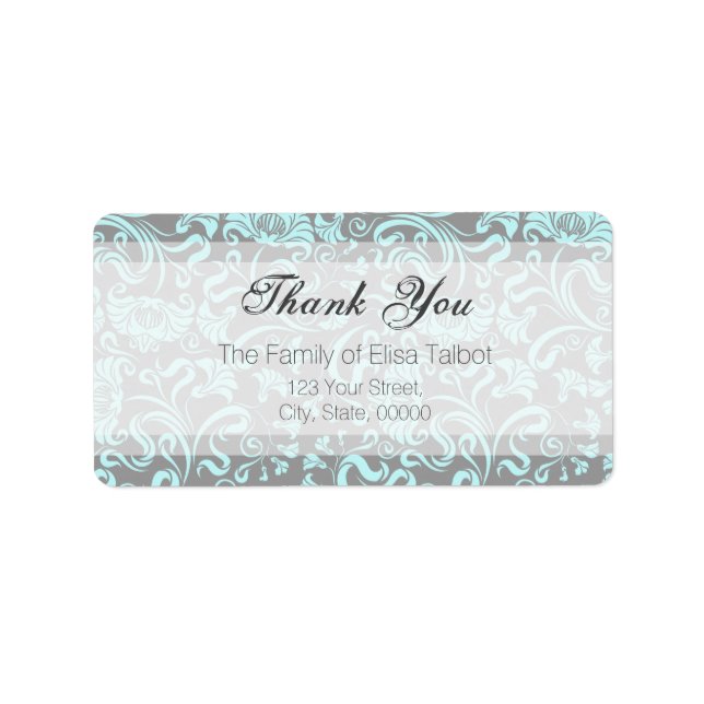 Blue Grey Floral Pattern Thank You Address Label (Front)