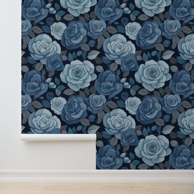 Blue Grey Floral Roses Wallpaper (Application)