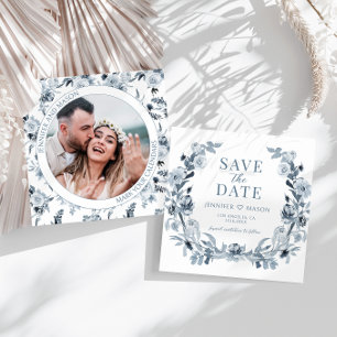 Blue Grey Floral Save The Date Photo Invitation