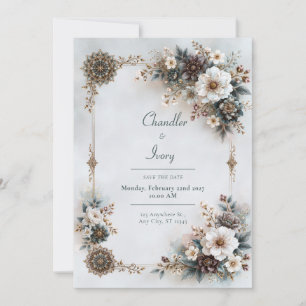 Blue Grey Floral Wedding Invitation