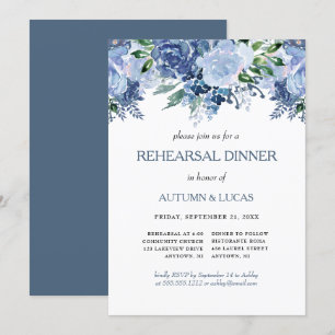 Blue Grey Floral Wedding Rehearsal Dinner Invitation