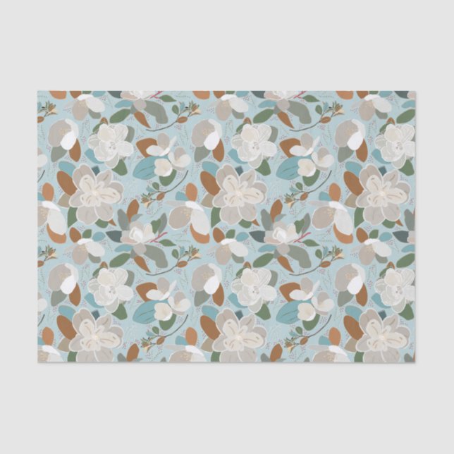 Blue Grey Floral Winter Magnolia Tissue Paper (Front)