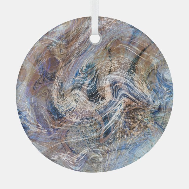 Blue Grey Fluid Marbling Illustration Glass Tree Decoration (Front)