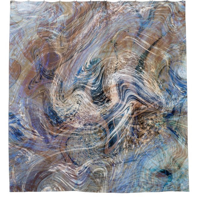Blue Grey Fluid Marbling Illustration Shower Curtain (Front)