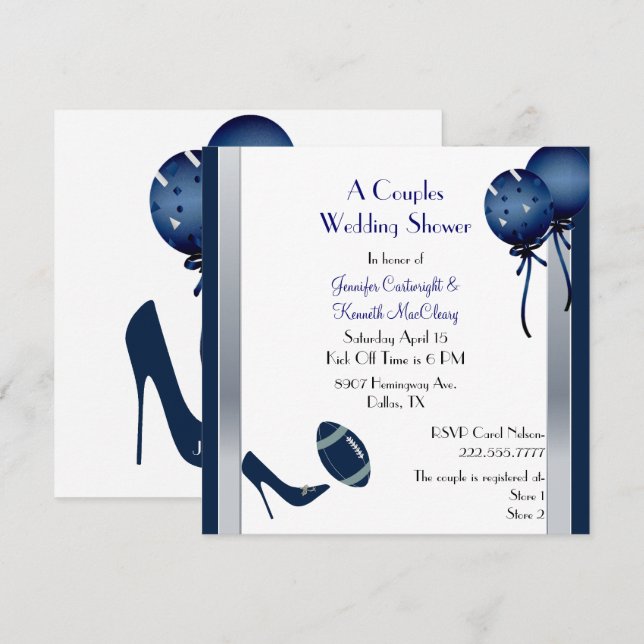 Blue &  Grey Football Couples Wedding Shower Invitation (Front/Back)