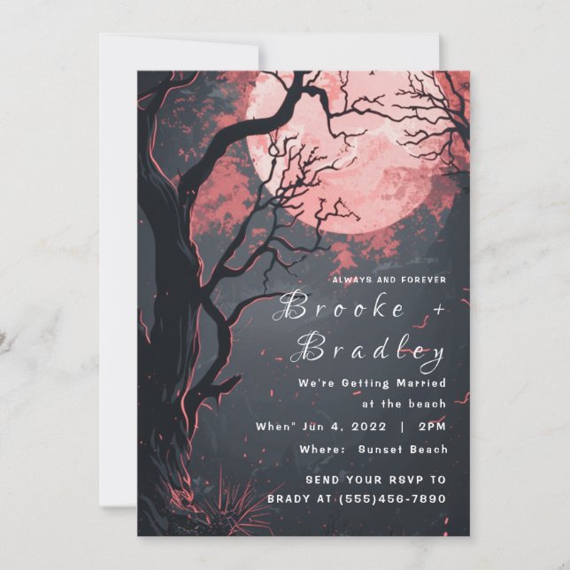 Blue‑Grey Forest & Pink Moon Gothic Wedding Invitation (Front)