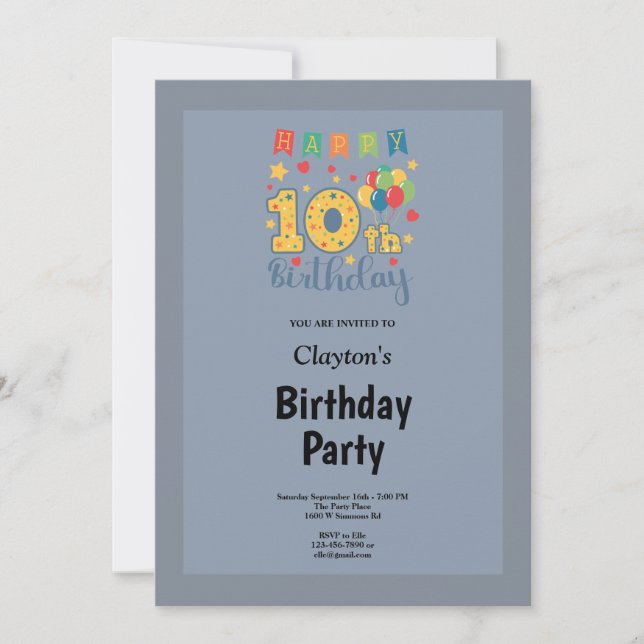 Blue/Grey Framed 10th Birthday Party Invitation (Front)