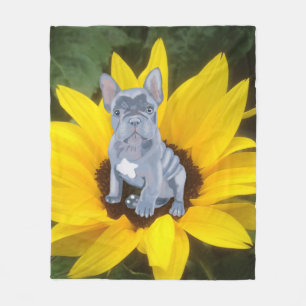 Blue Grey French Bulldog Puppy and Sunflower Fleece Blanket