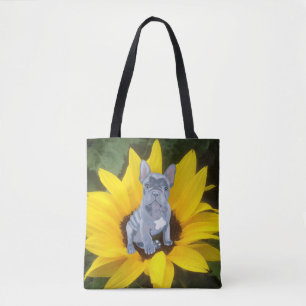 Blue Grey French Bulldog Puppy and Sunflower Tote Bag