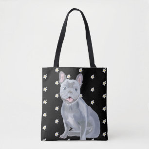 Blue Grey French Bulldog with Daisies Tote Bag
