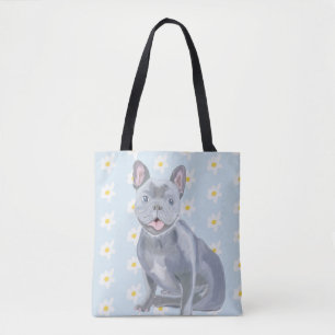 Blue Grey French Bulldog with Daisies Tote Bag