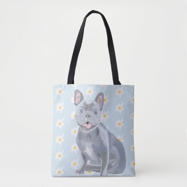 Blue Grey French Bulldog with Daisies Tote Bag (Front)