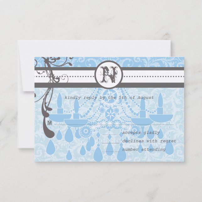 Blue & Grey Funky Swirls Wedding RSVP Card (Back)