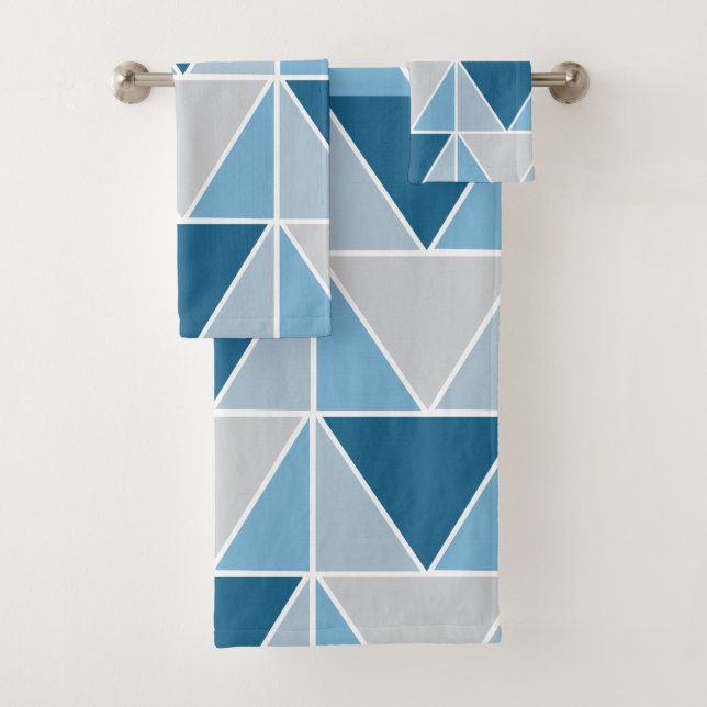 Blue Grey Geometric Triangles Contemporary Bath Towel Set (Insitu)