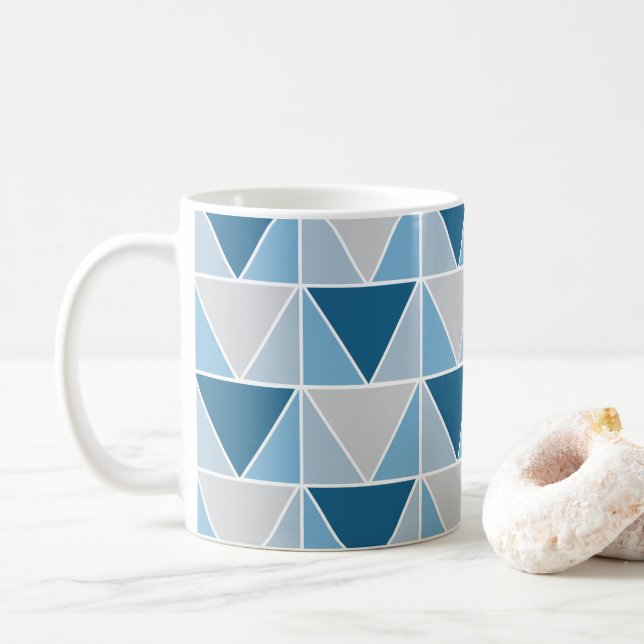Blue Grey Geometric Triangles Geometrical  Coffee Mug (With Donut)