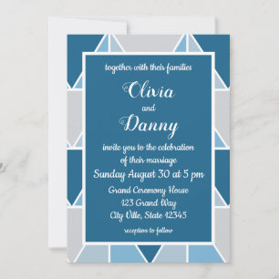 Blue Grey Geometric Triangles Modern Wedding Invitation