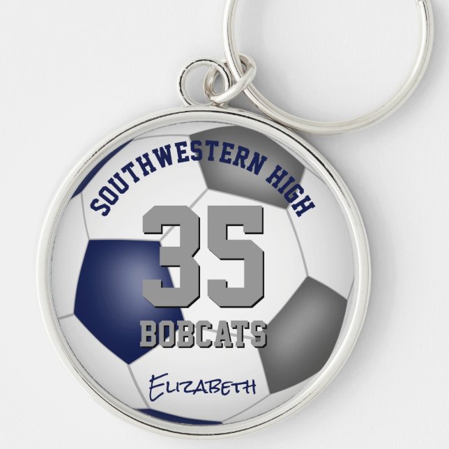 blue grey girls boys jersey number name soccer key ring (Front)